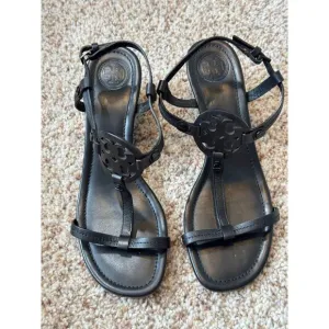 TORY BURCH T-Strap Black Leather Wedge strappy sandals, size 7.5 M