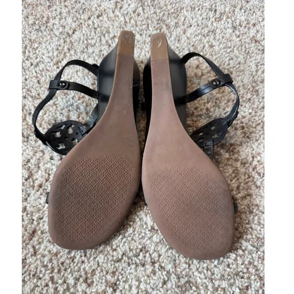 TORY BURCH T-Strap Black Leather Wedge strappy sandals, size 7.5 M