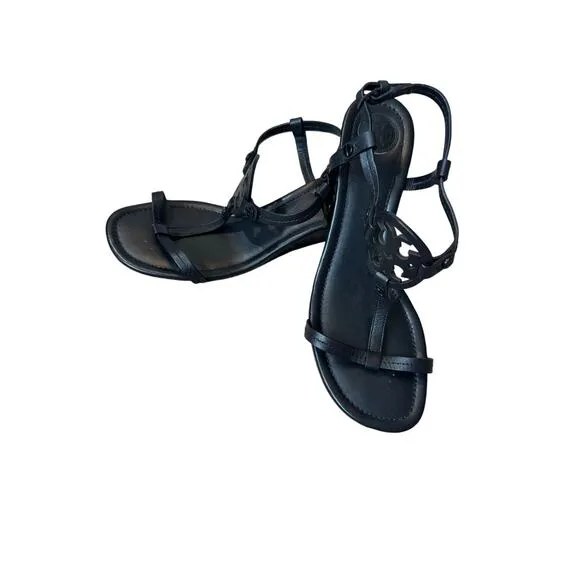 TORY BURCH T-Strap Black Leather Wedge strappy sandals, size 7.5 M