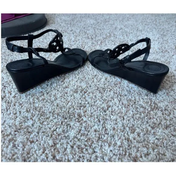 TORY BURCH T-Strap Black Leather Wedge strappy sandals, size 7.5 M