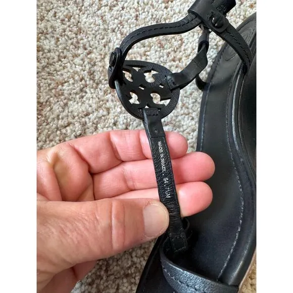 TORY BURCH T-Strap Black Leather Wedge strappy sandals, size 7.5 M