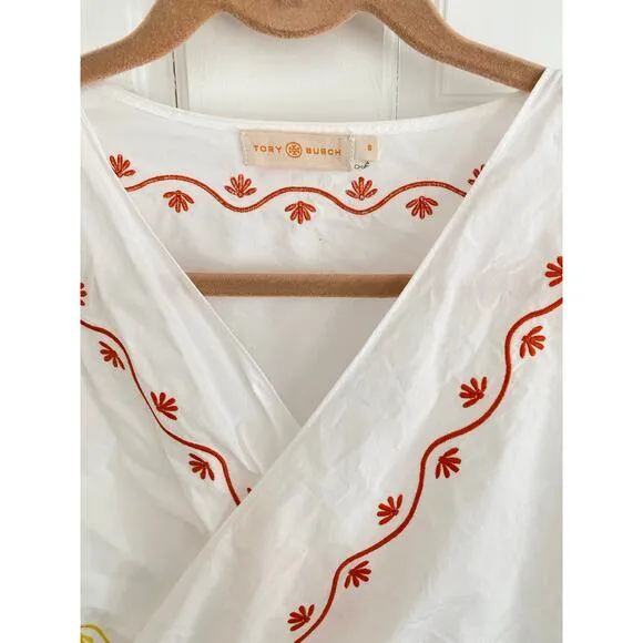 TORY BURCH Tiered Scallop Embroidered Cotton Poplin Wrap Maxi Dress 6
