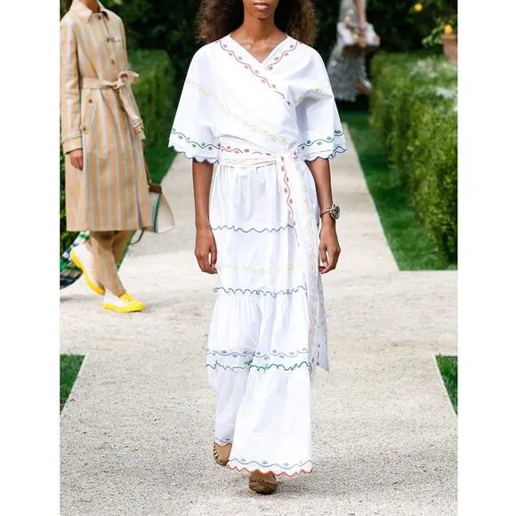 TORY BURCH Tiered Scallop Embroidered Cotton Poplin Wrap Maxi Dress 6