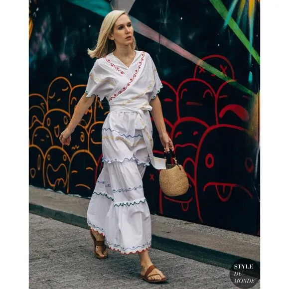 TORY BURCH Tiered Scallop Embroidered Cotton Poplin Wrap Maxi Dress 6