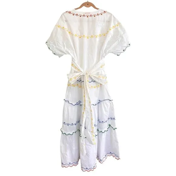 TORY BURCH Tiered Scallop Embroidered Cotton Poplin Wrap Maxi Dress 6