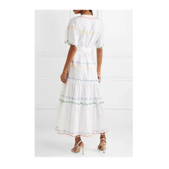 TORY BURCH Tiered Scallop Embroidered Cotton Poplin Wrap Maxi Dress 6