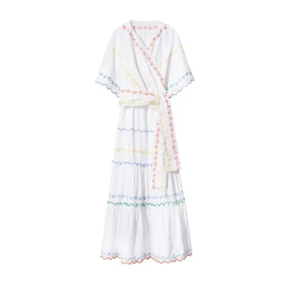 TORY BURCH Tiered Scallop Embroidered Cotton Poplin Wrap Maxi Dress 6