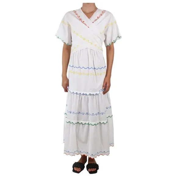 TORY BURCH Tiered Scallop Embroidered Cotton Poplin Wrap Maxi Dress 6