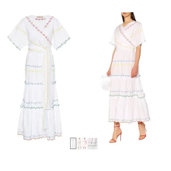 TORY BURCH Tiered Scallop Embroidered Cotton Poplin Wrap Maxi Dress 6