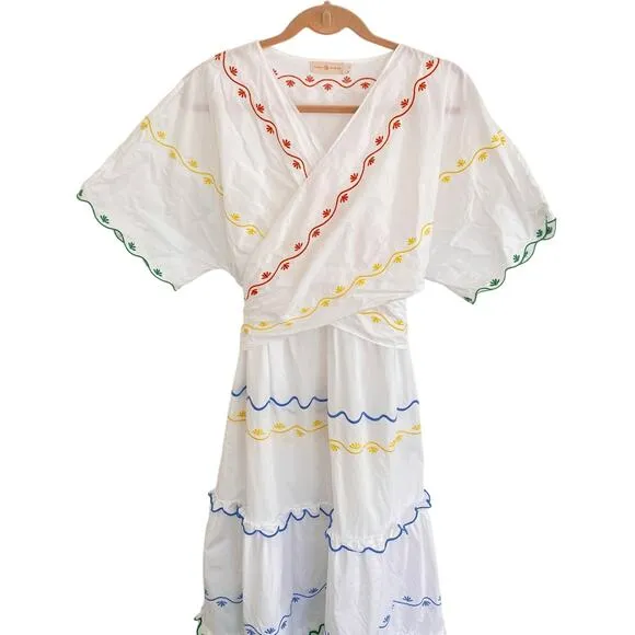 TORY BURCH Tiered Scallop Embroidered Cotton Poplin Wrap Maxi Dress 6