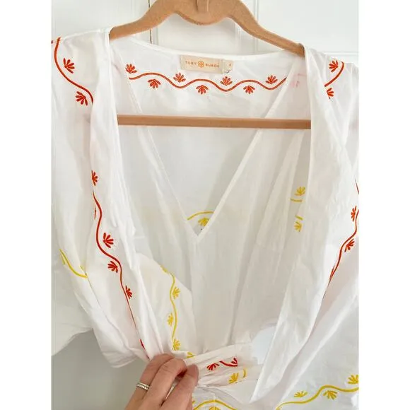 TORY BURCH Tiered Scallop Embroidered Cotton Poplin Wrap Maxi Dress 6