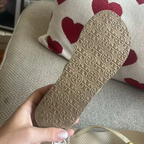 Tory Burch Wedge Beige Sandals Gold Emblem