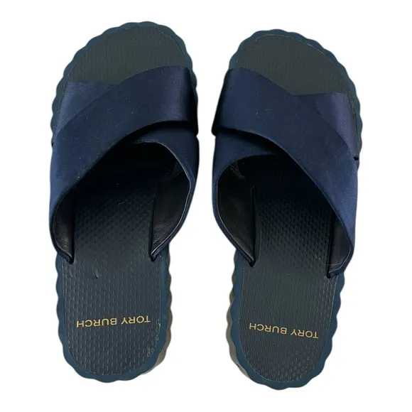 Tory Burch Womens Scallop Navy Shimmery Satin Wedge Platform Sandals Size 8M