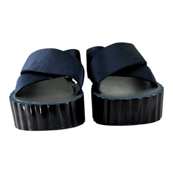 Tory Burch Womens Scallop Navy Shimmery Satin Wedge Platform Sandals Size 8M