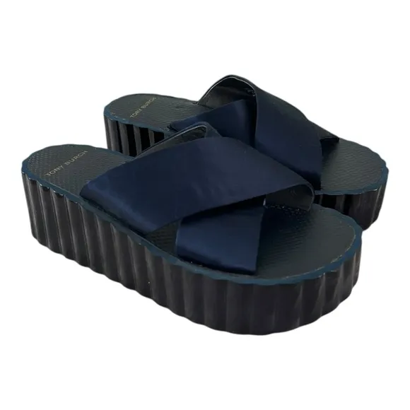 Tory Burch Womens Scallop Navy Shimmery Satin Wedge Platform Sandals Size 8M