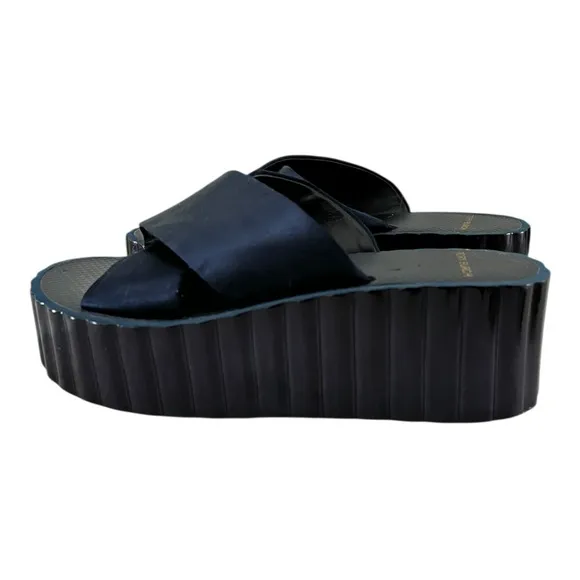 Tory Burch Womens Scallop Navy Shimmery Satin Wedge Platform Sandals Size 8M