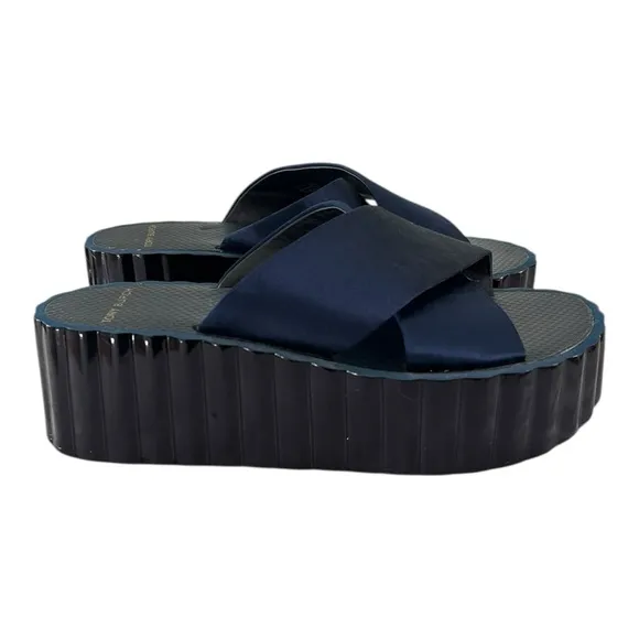 Tory Burch Womens Scallop Navy Shimmery Satin Wedge Platform Sandals Size 8M
