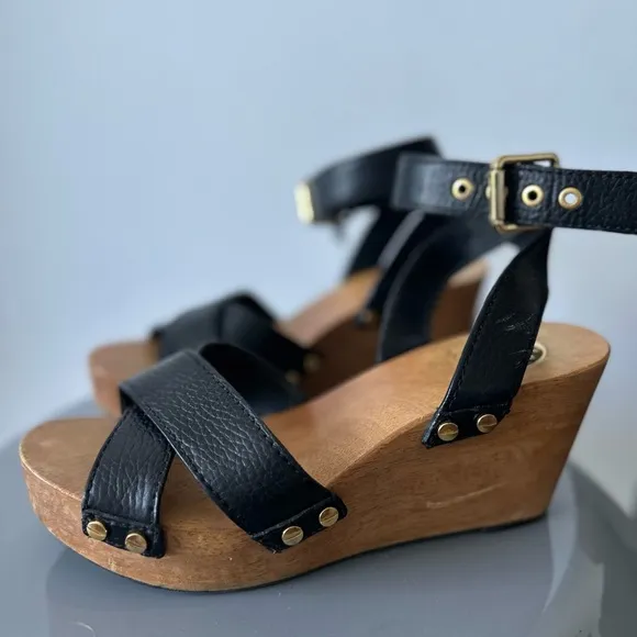 Tory Burch wooden heel leather wedge sandals