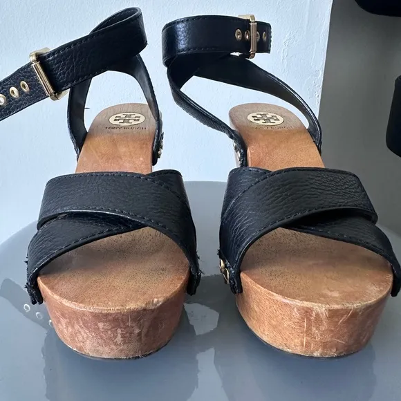 Tory Burch wooden heel leather wedge sandals