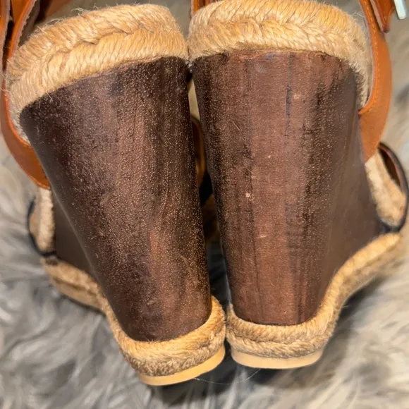 Tory Burch Wooden Rafia Espadrille Wedge Sandals &amp; Shoe Bag Size 9