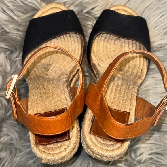 Tory Burch Wooden Rafia Espadrille Wedge Sandals &amp; Shoe Bag Size 9