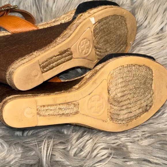 Tory Burch Wooden Rafia Espadrille Wedge Sandals &amp; Shoe Bag Size 9