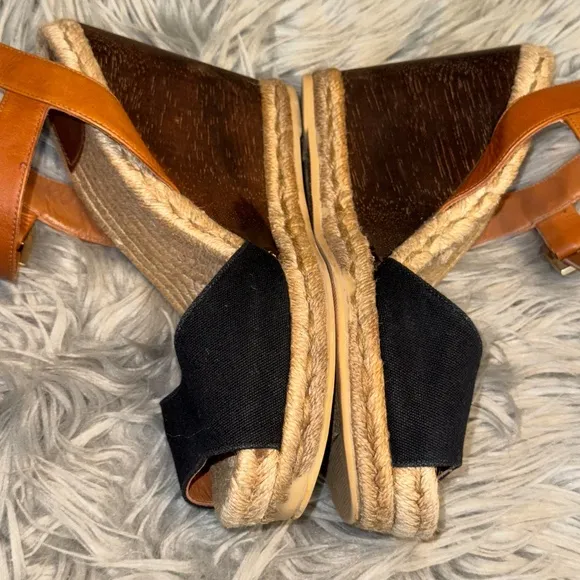 Tory Burch Wooden Rafia Espadrille Wedge Sandals &amp; Shoe Bag Size 9