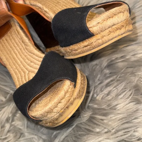 Tory Burch Wooden Rafia Espadrille Wedge Sandals &amp; Shoe Bag Size 9