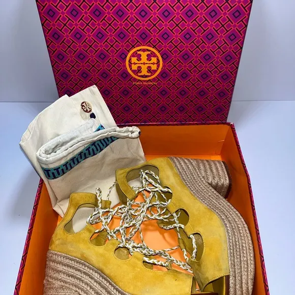 Tory Burch Yellow Wedge Sandals. NWB Size 9