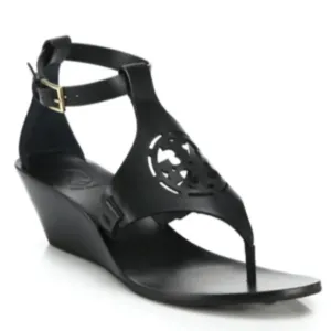 Tory Burch Zoey Black Leather Wedge Ankle Strap Sandals