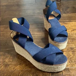 Tory Burch Navy Blue Frieda Platform Espadrille Sandals, size 9