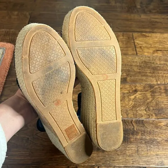 Tory Burch Navy Blue Frieda Platform Espadrille Sandals, size 9