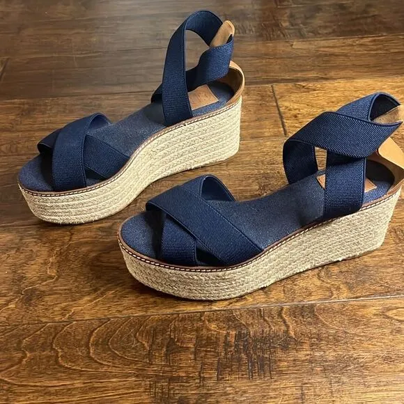 Tory Burch Navy Blue Frieda Platform Espadrille Sandals, size 9