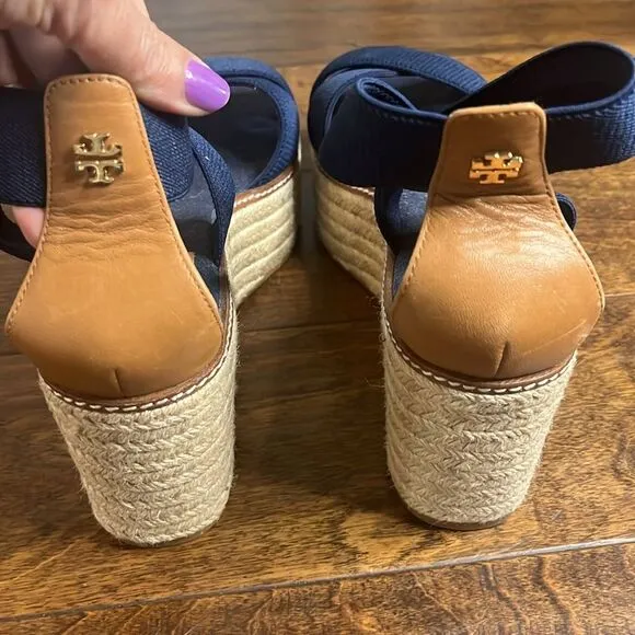 Tory Burch Navy Blue Frieda Platform Espadrille Sandals, size 9
