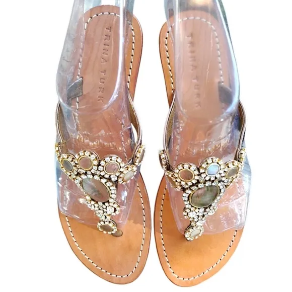 TRINA TURK 'Argentina' Leather Sandals, Size 10, Natural Shells &amp; Rhinestones