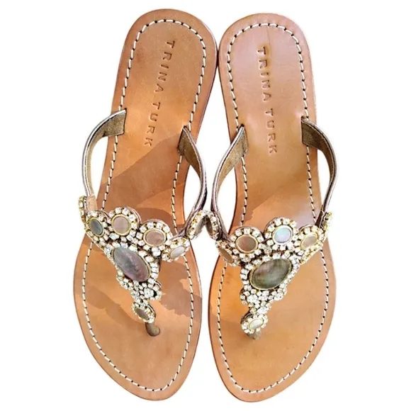 TRINA TURK 'Argentina' Leather Sandals, Size 10, Natural Shells &amp; Rhinestones