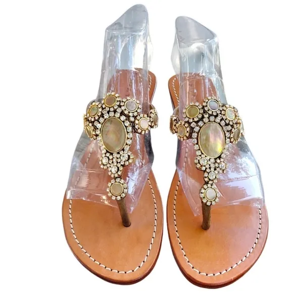 TRINA TURK 'Argentina' Leather Sandals, Size 10, Natural Shells &amp; Rhinestones