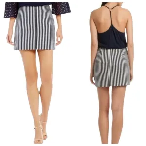TRINA TURK size 10 Dark Navy almost black &amp; white striped stretch mini skirt