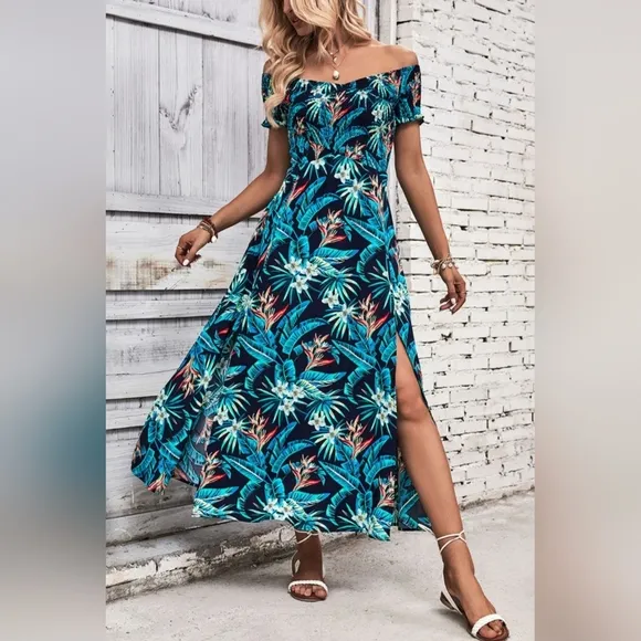 Tropical Floral Off-Shoulder Smocked Bodice Double Slit Summer Maxi Dress