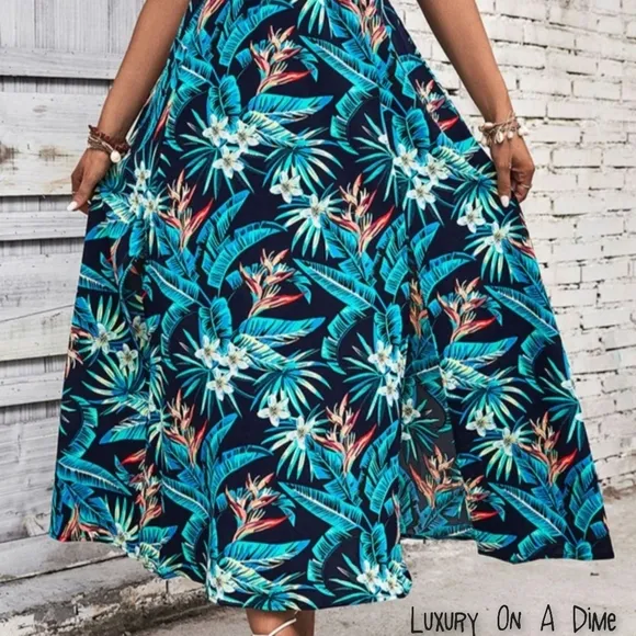 Tropical Floral Off-Shoulder Smocked Bodice Double Slit Summer Maxi Dress