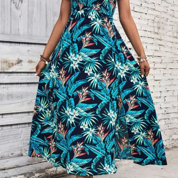Tropical Floral Off-Shoulder Smocked Bodice Double Slit Summer Maxi Dress