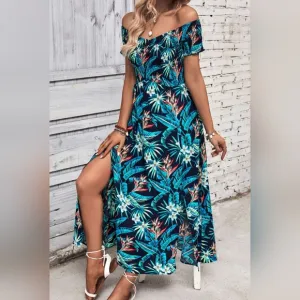 Tropical Floral Off-Shoulder Smocked Bodice Double Slit Summer Maxi Dress
