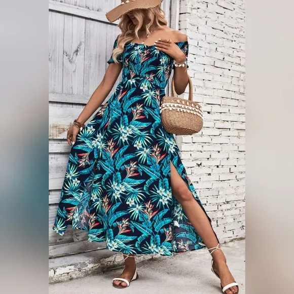 Tropical Floral Off-Shoulder Smocked Bodice Double Slit Summer Maxi Dress