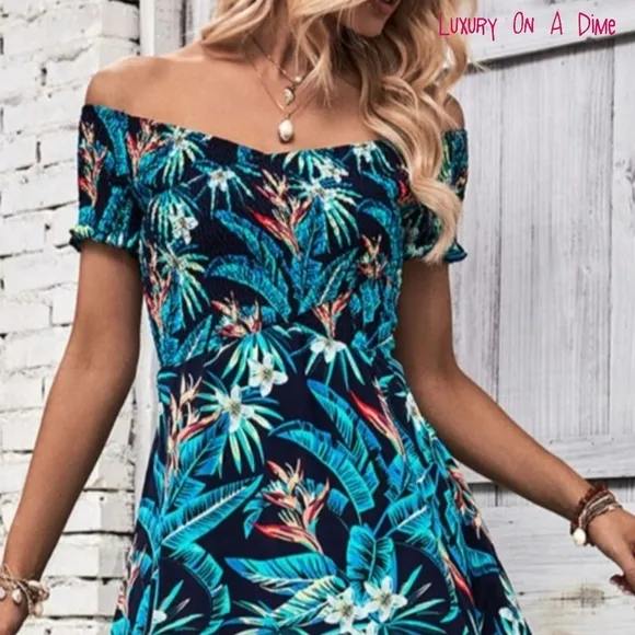 Tropical Floral Off-Shoulder Smocked Bodice Double Slit Summer Maxi Dress