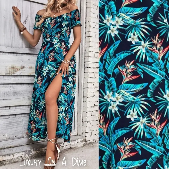 Tropical Floral Off-Shoulder Smocked Bodice Double Slit Summer Maxi Dress