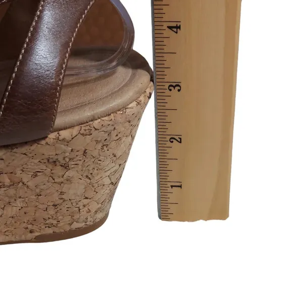 Tsubo Olivette BrownTan Leather Strappy Cork‎ Wedge Platforms