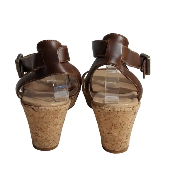 Tsubo Olivette BrownTan Leather Strappy Cork‎ Wedge Platforms