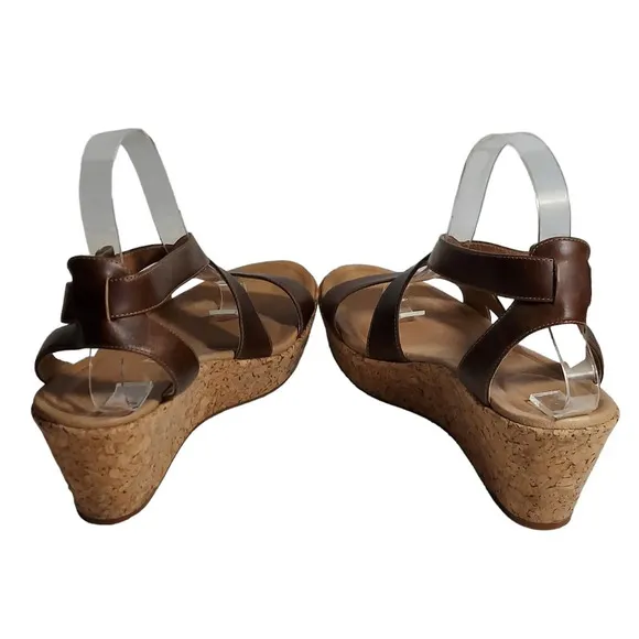 Tsubo Olivette BrownTan Leather Strappy Cork‎ Wedge Platforms