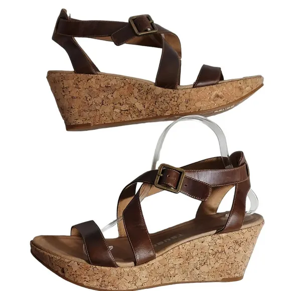 Tsubo Olivette BrownTan Leather Strappy Cork‎ Wedge Platforms