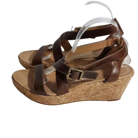 Tsubo Olivette BrownTan Leather Strappy Cork‎ Wedge Platforms
